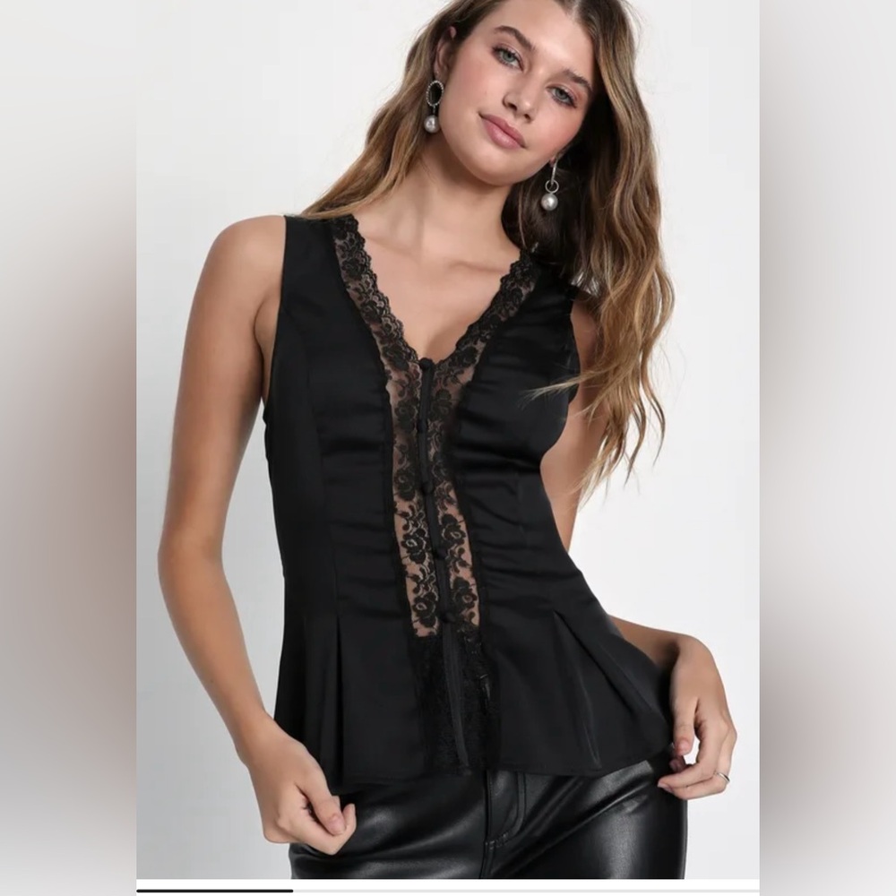 Lulu’s Black Satin Lace Tie-Back Tank Top - L - Brand New